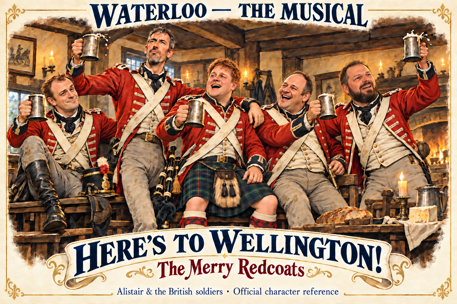 Les Merry Redcoats réunis dans une auberge, entre rires, chopes et cornemuse