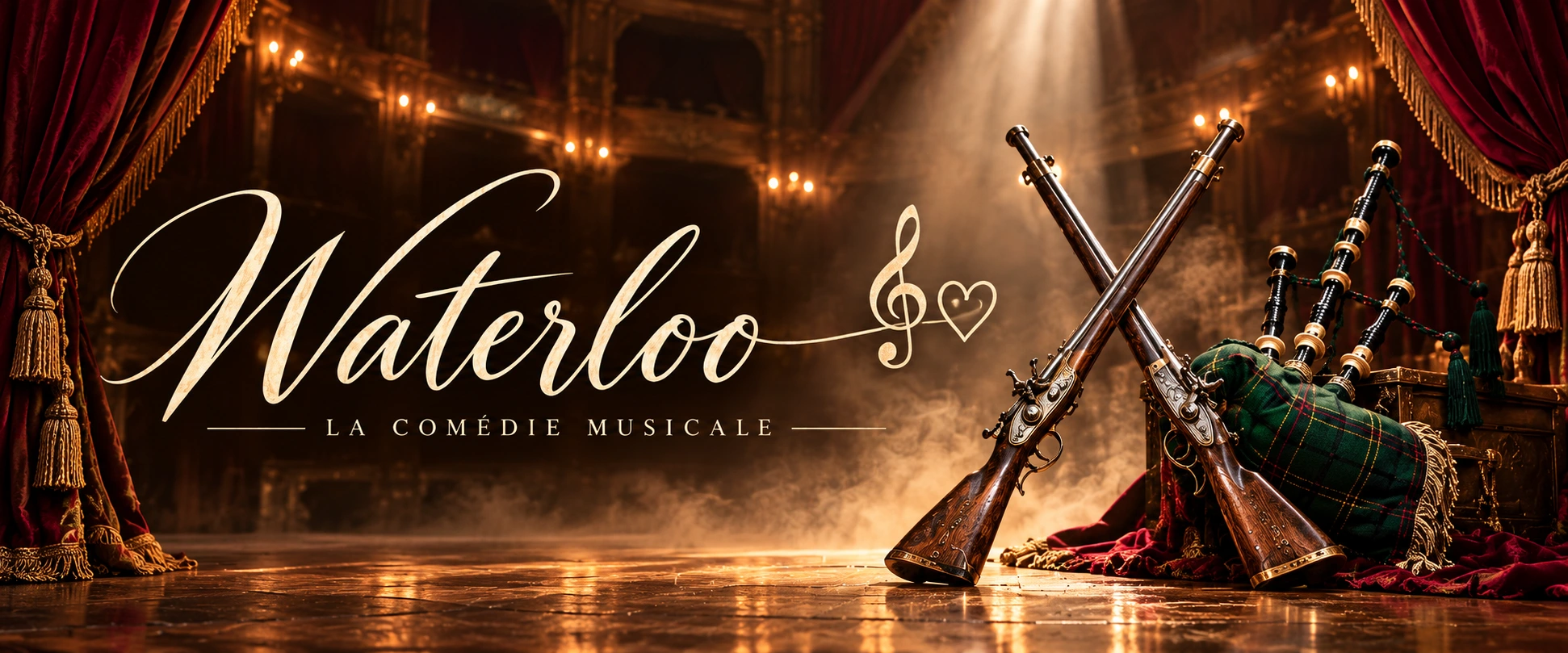 Waterloo, la comédie musicale : une clé de sol et un cœur, dans un théâtre ancien aux rideaux bordeaux, avec cornemuse et fusils croisés