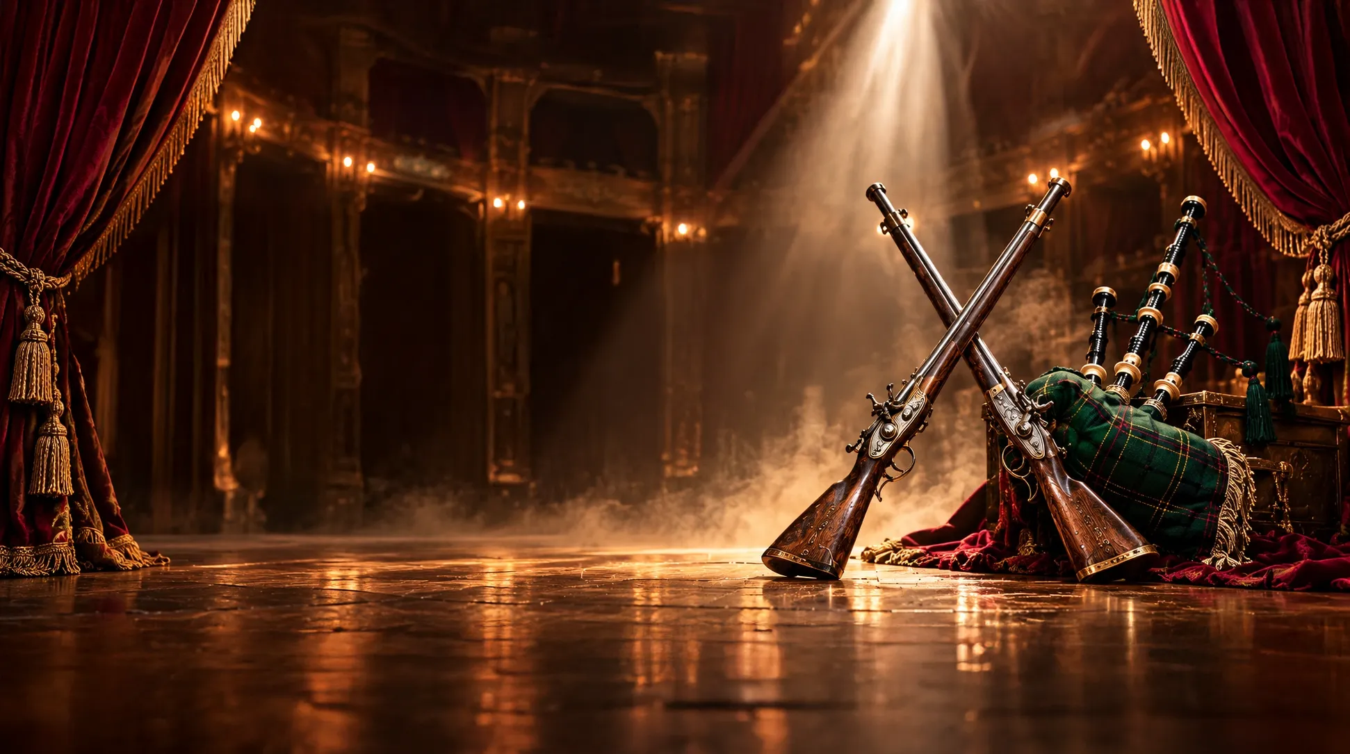 A historic theatre with burgundy curtains lit by a beam of light; crossed muskets and bagpipes on the stage
